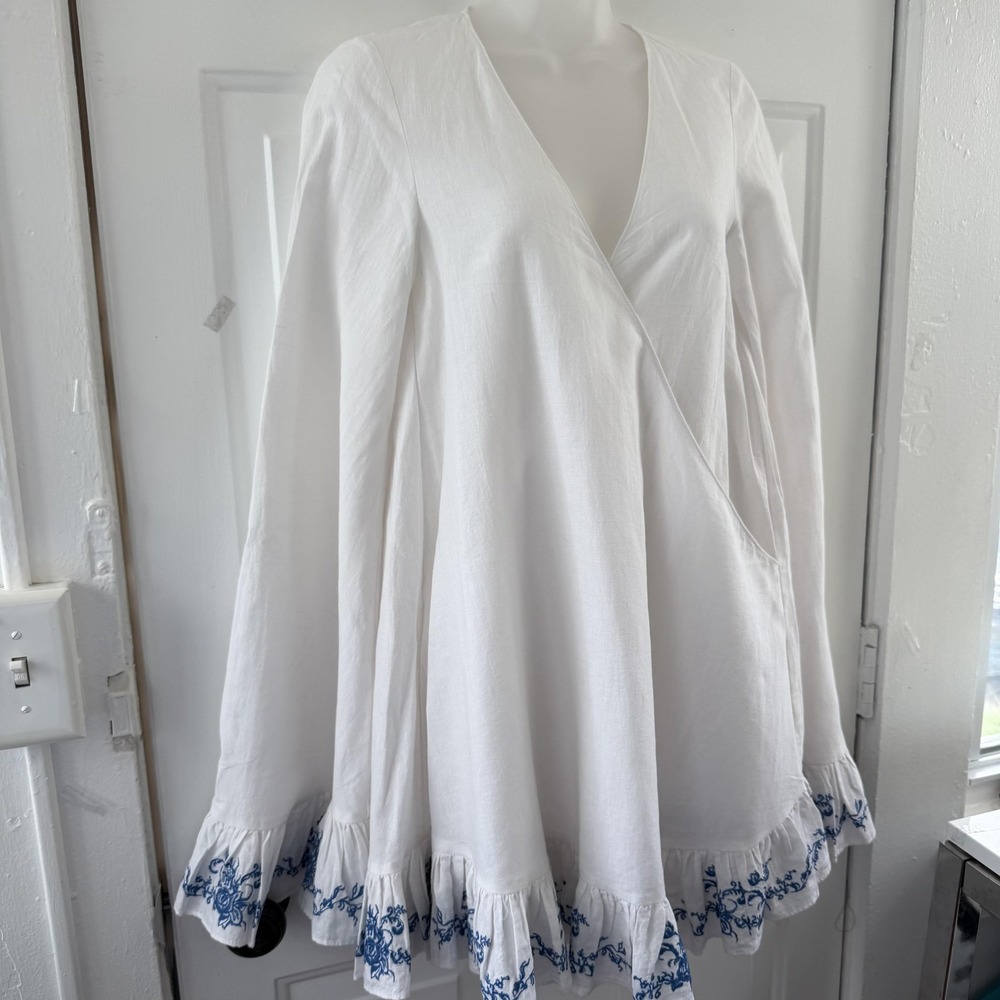 Caroline Constas Brynn Cover Up Womens XS White Blue Embroidered Ruffle Hem - Picture 4 of 16